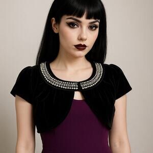 Vintage REFERENCE Velvet Rhinestone Pearl Beaded Shrug 1940s Inspired Size L